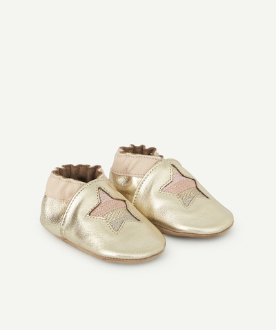Newborn Tao Categories - GOLD COLOR AND PINK LEATHER SLIPPERS WITH STARS