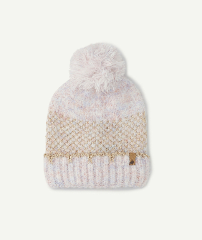 Knitwear accessories Tao Categories - GIRLS' PINK AND PALE PURPLE HAT WITH GOLD COLOR DETAILS AND A POMPOM