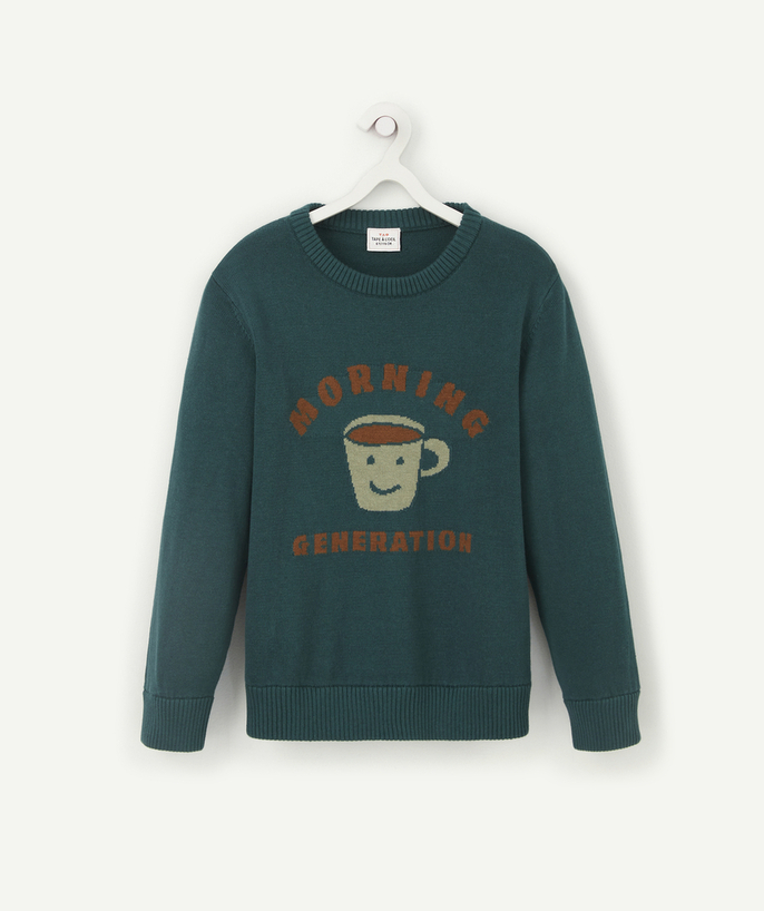 Pullover - Cardigan Tao Categories - BOYS' GREEN KNITTED JUMPER WITH A MESSAGE AND A MUG OF COFFEE