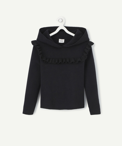 Pullover - Cardigan Nouvelle Arbo   C - GIRLS' COSY BLACK JUMPER WITH A HOOD AND FRILLY DETAILS