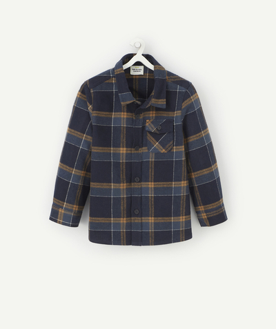 Shirt and polo Tao Categories - BABY BOYS' BLUE AND BROWN CHECKED VELVET SHIRT