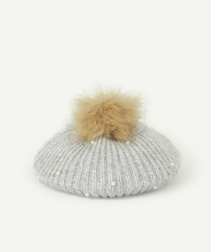 Knitwear accessories Tao Categories - GIRLS' GREY WOOLLEN BERET WITH BEADS AND A FUR POMPOM