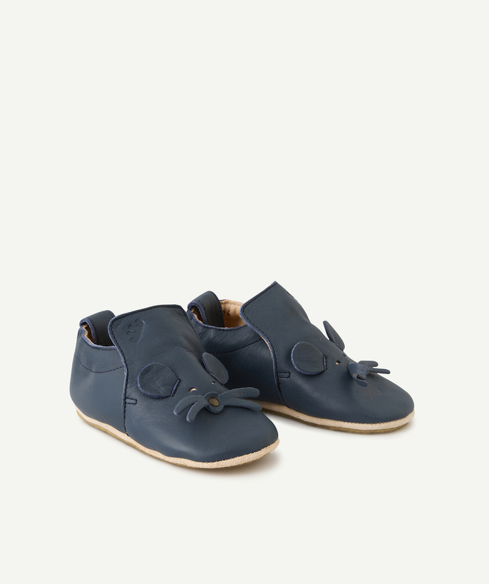 EASY PEASY ® Tao Categories - NAVY BLUE LEATHER SLIPPERS WITH MOUSE DETAILS
