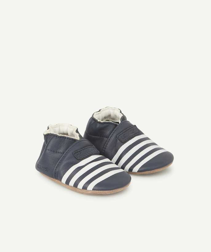 ROBEEZ ® Tao Categories - BABIES' NAVY BLUE LEATHER BOOTIES WITH WHITE STRIPES