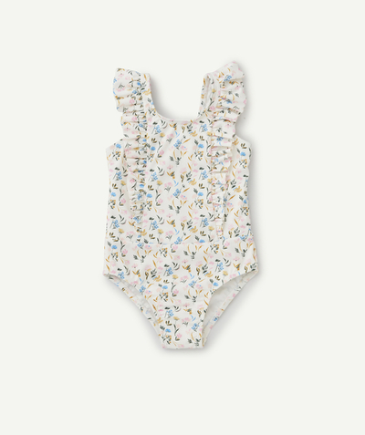 ECODESIGN Nouvelle Arbo   C - GIRLS' ONE-PIECE CREAM RUFFLED FLORAL SWIMSUIT IN RECYCLED FIBRES