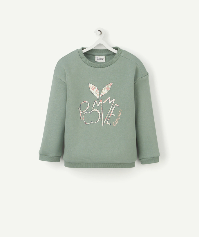 Pullover - Sweatshirt Tao Categories - BABY GIRLS' GREEN SWEATSHIRT IN RECYCLED FIBRES WITH AN APPLE PRINT