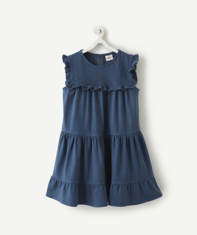 Dress Tao Categories - GIRLS' BLUE COTTON DRESS WITH RUFFLES AND EMBROIDERY