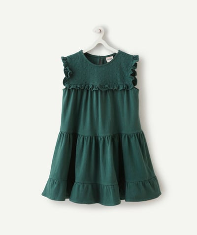 Dress Nouvelle Arbo   C - GIRLS' DRESS IN DARK GREEN COTTON WITH RUFFLES AND EMBROIDERY