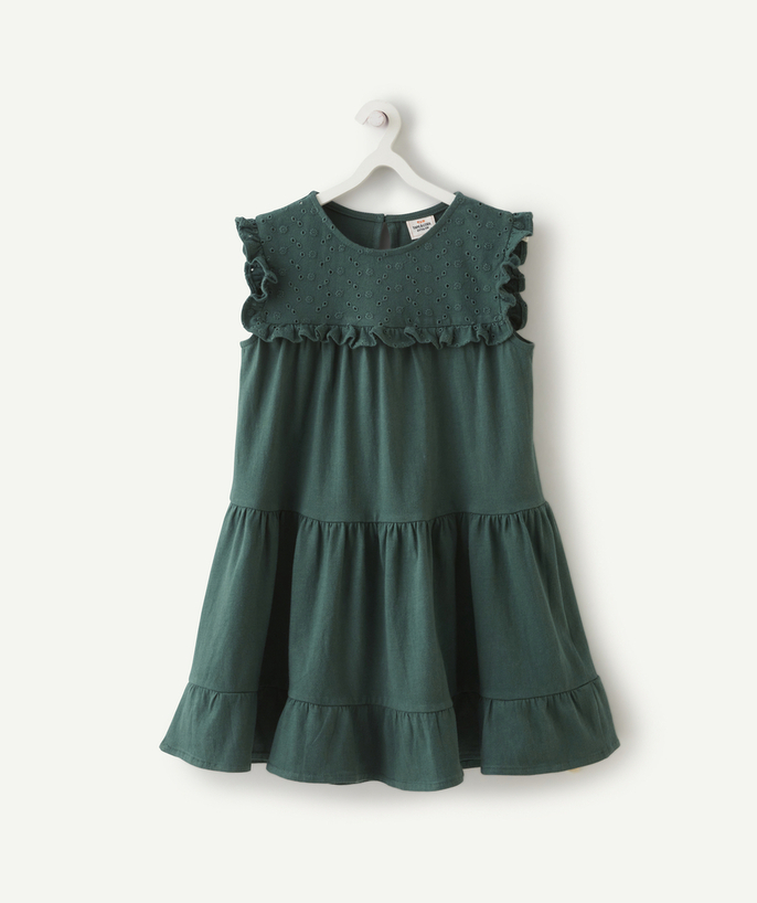 Clothing Tao Categories - GIRLS' DRESS IN DARK GREEN COTTON WITH RUFFLES AND EMBROIDERY