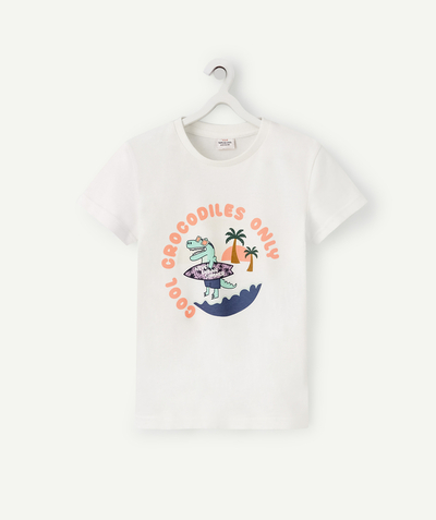 Private sales Tao Categories - BOYS' WHITE ORGANIC COTTON T-SHIRT WITH A MAGIC CROCODILE PRINT