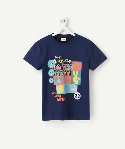 Outlet Tao Categories - BOYS' NAVY BLUE ORGANIC COTTON T-SHIRT WITH COLOURED FLOCKING