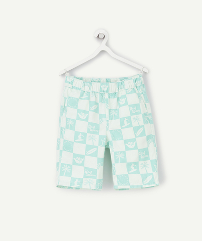 Boy Nouvelle Arbo   C - BOYS' STRAIGHT MINT GREEN CHECKERBOARD PRINT BERMUDA SHORTS IN RECYCLED FIBRES