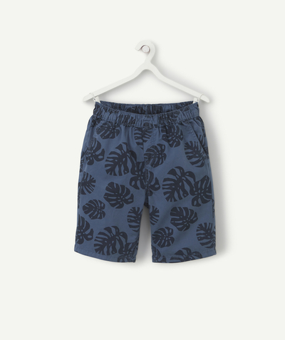Boy Nouvelle Arbo   C - BOYS' STRAIGHT NAVY BLUE COTTON BERMUDA SHORTS WITH A LEAF PRINT