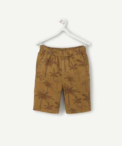 Boy Nouvelle Arbo   C - BOYS' STRAIGHT BERMUDA SHORTS IN BROWN COTTON WITH A PALM TREE PRINT