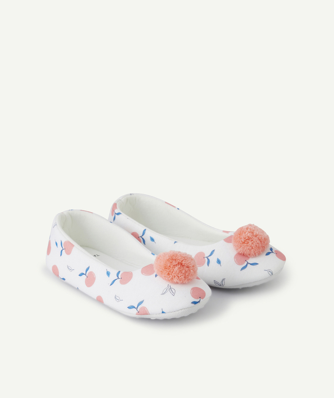 Booties Tao Categories - GIRLS' WHITE SLIPPERS WITH PINK POMPOMS AND PRINTED FRUIT