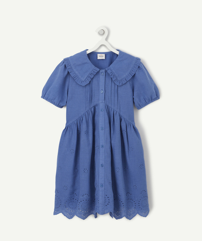Girl Nouvelle Arbo   C - GIRLS' BLUE COTTON DRESS WITH BRODERIE ANGLAIS