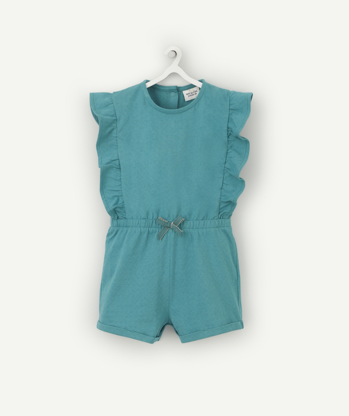 Jumpsuits - Dungarees Tao Categories - BABY GIRLS' TURQUOISE COTTON PLAYSUIT WITH FRILLS