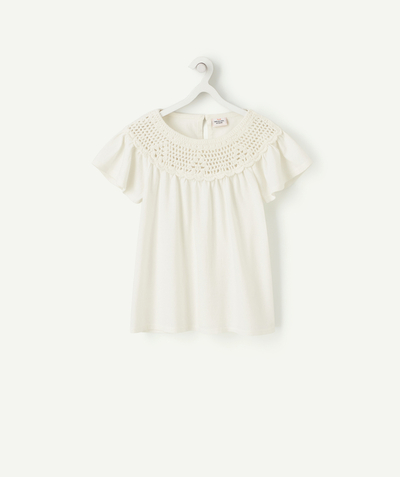 Girl Nouvelle Arbo   C - GIRLS' T-SHIRT IN CREAM COTTON WITH AN EMBROIDERED COLLAR AND GATHERS