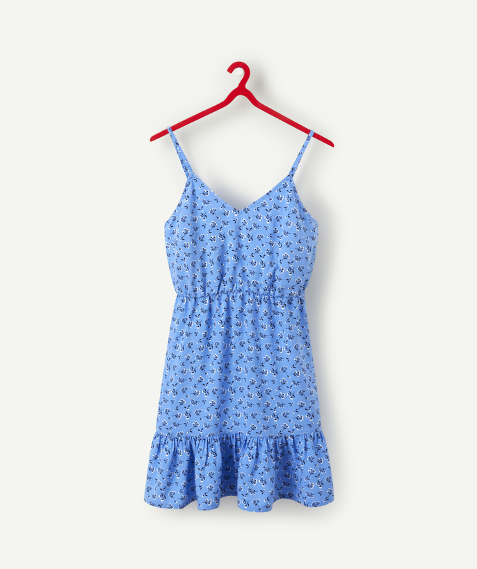 Dress - Jumpsuit Tao Categories - GIRLS' BLUE FLORAL PRINT DRESS IN ECO-FRIENDLY BLUE VISCOSE WITH STRAPS