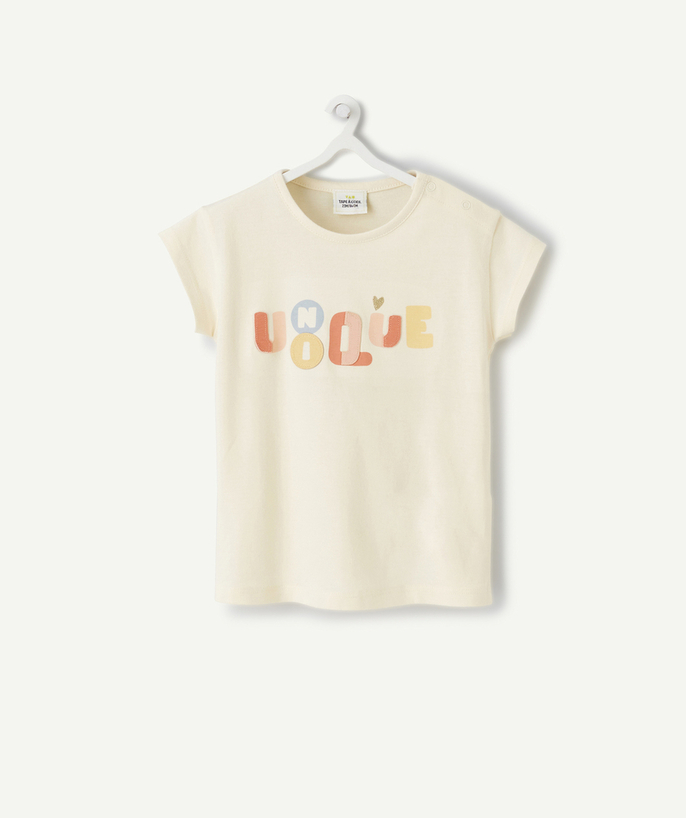 T-shirt - undershirt Tao Categories - BABY GIRLS' CREAM T-SHIRT IN ORGANIC COTTON WITH A COLOURED MESSAGE