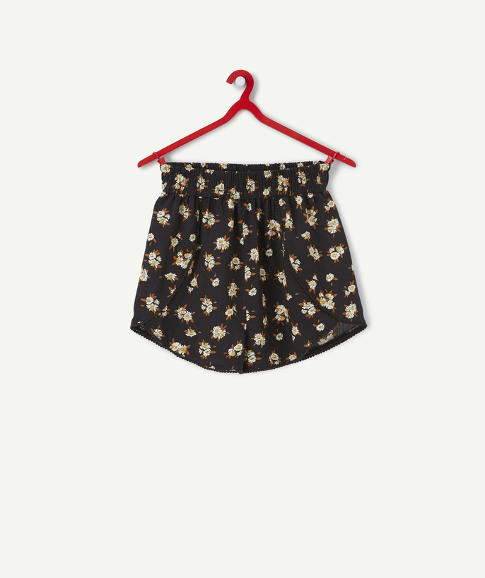 Shorts - Skirt Tao Categories - FLOWING SHORTS FOR GIRLS IN ECO-FRIENDLY BLACK VISCOSE WITH A FLORAL PRINT