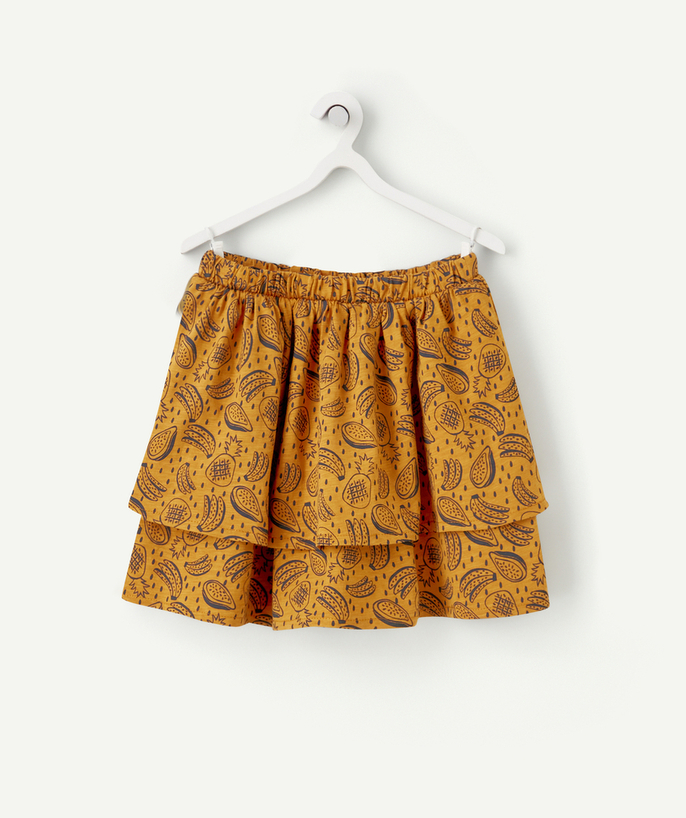 Outlet Tao Categories - GIRLS' OCHRE FRILLY SKIRT IN ORGANIC COTTON WITH A FRUIT THEME