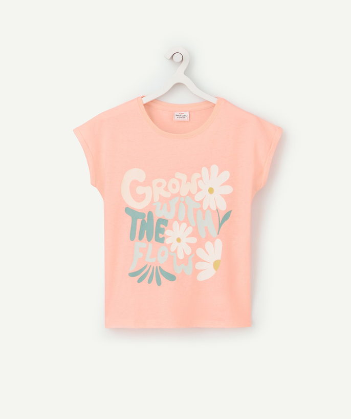 Girl Tao Categories - GIRLS' NEON PINK ORGANIC COTTON T-SHIRT WITH FLOWERS AND SLOGAN