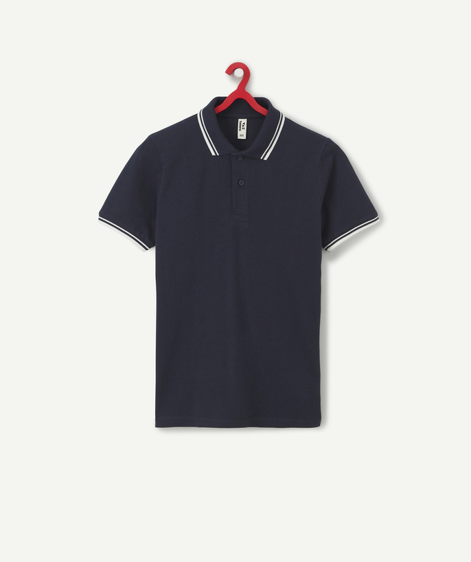 Basics Tao Categories - BOYS' NAVY BLUE ORGANIC COTTON POLO SHIRT WITH WHITE DETAILS