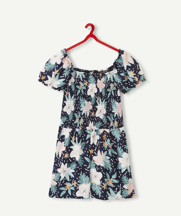 Dress - Jumpsuit Tao Categories - GIRLS' NAVY BLUE AND TROPICAL PRINT DRESS IN ECO-FRIENDLY VISCOSE