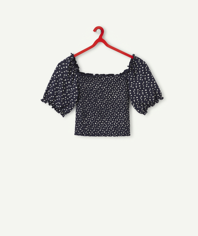 Outlet Tao Categories - GIRLS'  NAVY BLUE FLORAL PRINT T-SHIRT WITH A BARDOT NECKLINE