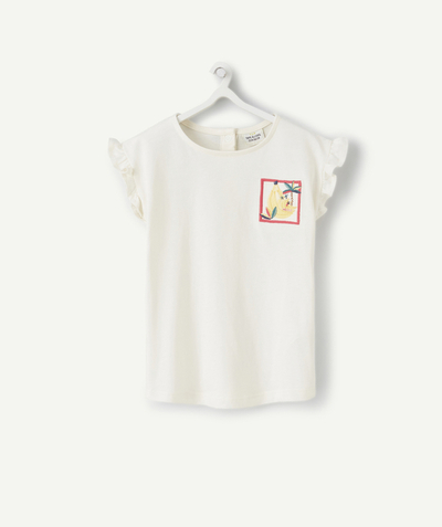 Outlet Tao Categories - BABY GIRLS' CREAM ANTI-UV COTTON T-SHIRT WITH EMBROIDERY AND RUFFLES