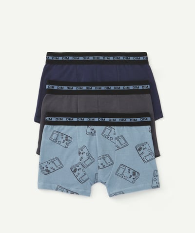DIM ® Tao Categories - PACK OF THREE PAIRS OF BOYS' BOXER SHORTS, PRINTED OR PLAIN BLUE AND GREY