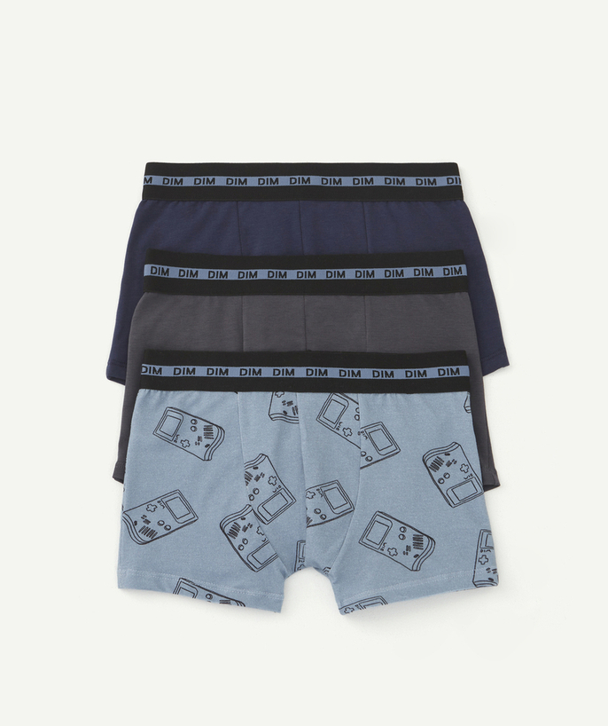 Underwear Tao Categories - PACK OF THREE PAIRS OF BOYS' BOXER SHORTS, PRINTED OR PLAIN BLUE AND GREY