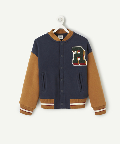 Our latest looks Nouvelle Arbo   C - BOYS' VARSITY-STYLE BLUE AND TAN RECYCLED FIBRE JACKET