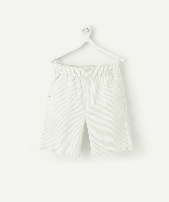 Outlet Tao Categories - BOYS' STRAIGHT GREEN AND WHITE STRIPED BERMUDA SHORTS IN RECYCLED FIBERS