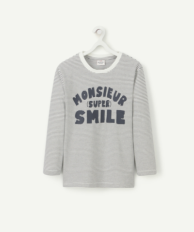 Private sales Tao Categories - BOYS' STRIPED ORGANIC COTTON T-SHIRT WITH SMILE SLOGAN