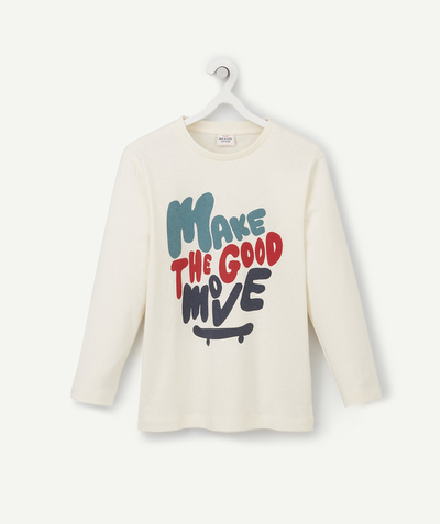 T-shirt Nouvelle Arbo   C - BOYS' CREAM ORGANIC COTTON T-SHIRT WITH COLOURFUL SLOGAN AND SKATEBOARD