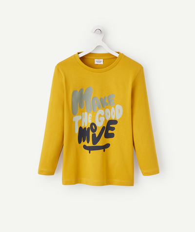 Basics Tao Categories - BOYS' ORGANIC COTTON T-SHIRT IN YELLOW WITH A GREEN AND BLUE MESSAGE