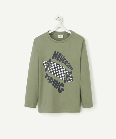 Outlet Nouvelle Arbo   C - BOYS' KHAKI ORGANIC COTTON T-SHIRT WITH CHECKED SKATEBOARD