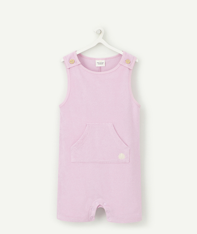 Private sales Tao Categories - BABY GIRLS' DUNGAREES IN MAUVE TERRY FABRIC MADE FROM RECYCLED FIBRES