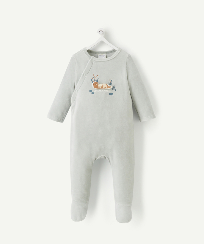 Private sales Tao Categories - GREEN ORGANIC COTTON VELVET SLEEPSUIT WITH AN OTTER DESIGN