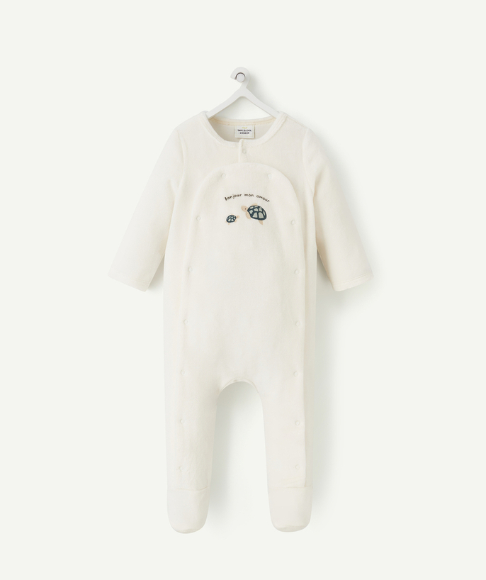 New collection Tao Categories - CREAM VELVET SLEEPSUIT IN RECYCLED FIBRES WITH A TORTOISE DESIGN