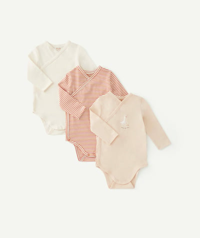 New collection Nouvelle Arbo   C - SET OF THREE BEIGE, CREAM AND STRIPED ORGANIC COTTON BODYSUITS
