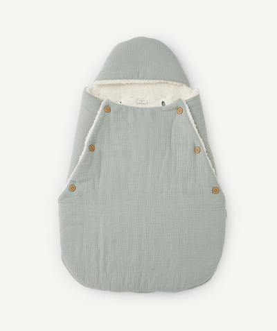 Baby girl Nouvelle Arbo   C - BABY SLEEPING BAG IN ORGANIC COTTON AND POWDER GREEN SHERPA