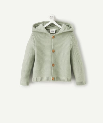 ECODESIGN Nouvelle Arbo   C - BABIES' SEA GREEN HOODED CARDIGAN IN ORGANIC COTTON