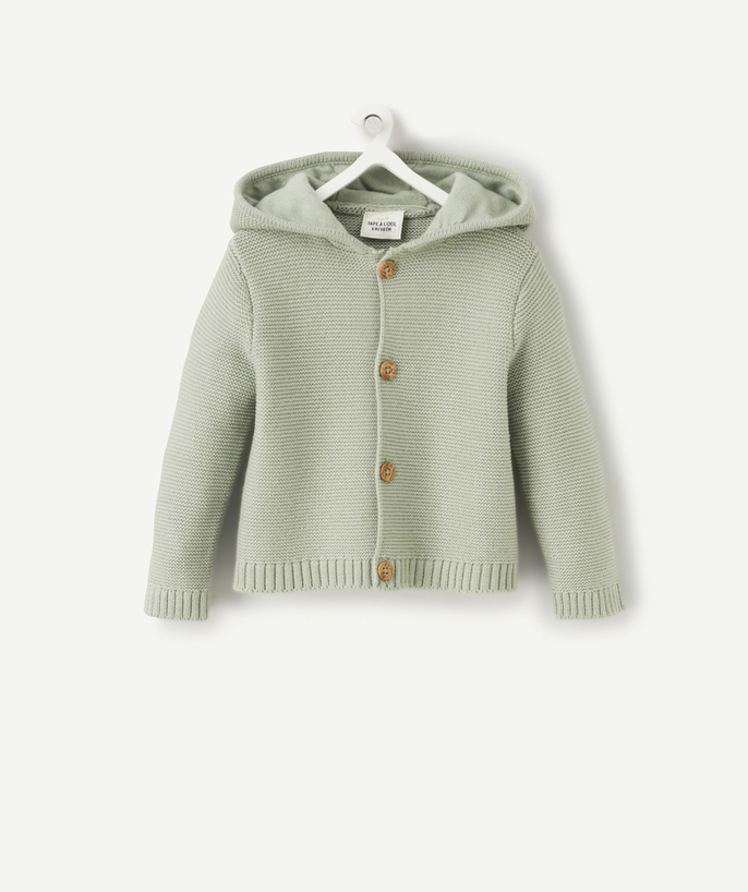 Outlet Tao Categories - BABIES' SEA GREEN HOODED CARDIGAN IN ORGANIC COTTON