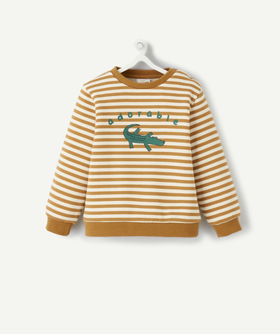 New collection Nouvelle Arbo   C - BABY BOYS' OCHRE STRIPED SWEATSHIRT IN RECYCLED FIBRES WITH A CROCODILE