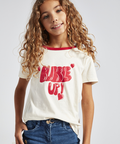 Girl Nouvelle Arbo   C - BABY GIRLS' CREAM ORGANIC COTTON T-SHIRT WITH A BUBBLE MESSAGE IN RELIEF