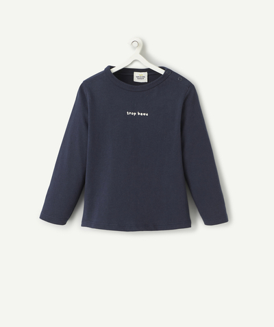 New collection Nouvelle Arbo   C - BABY BOYS' NAVY ORGANIC COTTON T-SHIRT WITH WHITE SLOGAN
