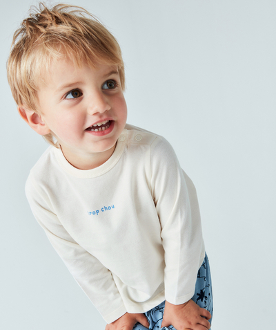 New collection Nouvelle Arbo   C - BABY BOYS' CREAM ORGANIC COTTON T-SHIRT WITH BLUE SLOGAN